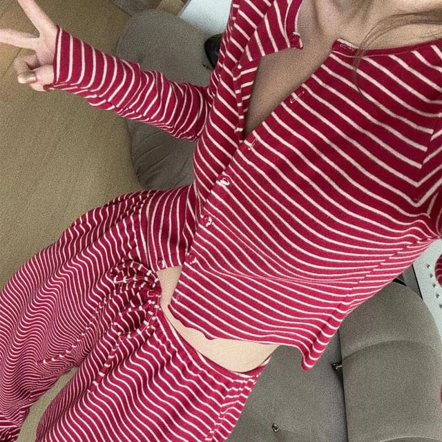 GOUB-Pajama Set Long Sleeve Round Neck Striped Button Top Drawstring Waist Straight Leg Pants