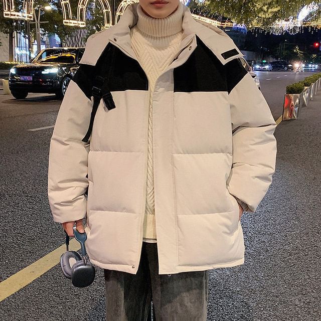 Obikan-Hooded Stand Collar Two Tone Puffer Jacket