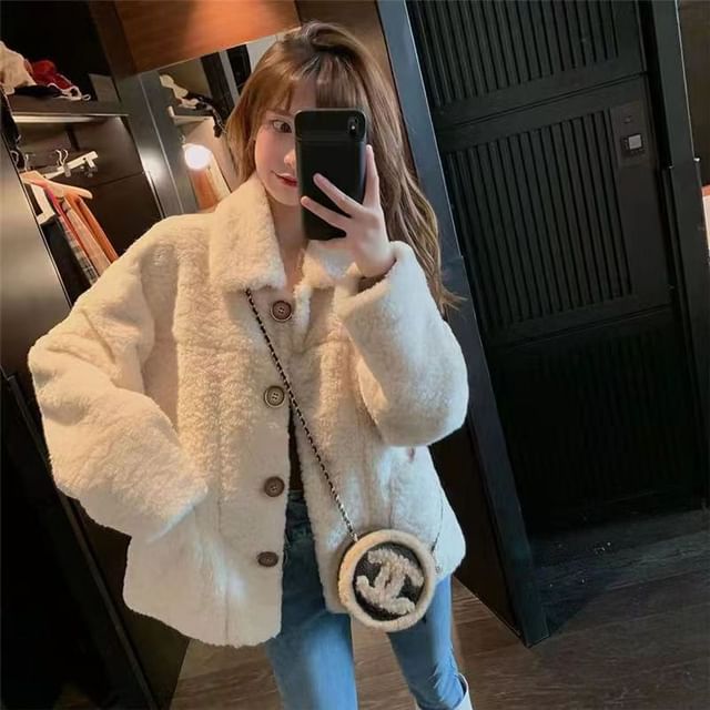 Everose-Collar Plain Fleece Button Jacket