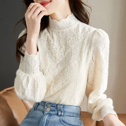 Long-Sleeve Mock Neck Lace Blouse