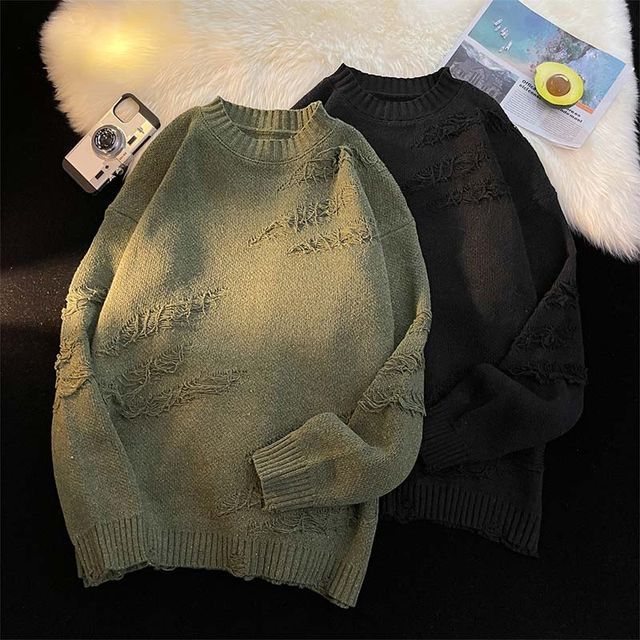 Whyessa-Round Neck Distressed Oversized Sweater