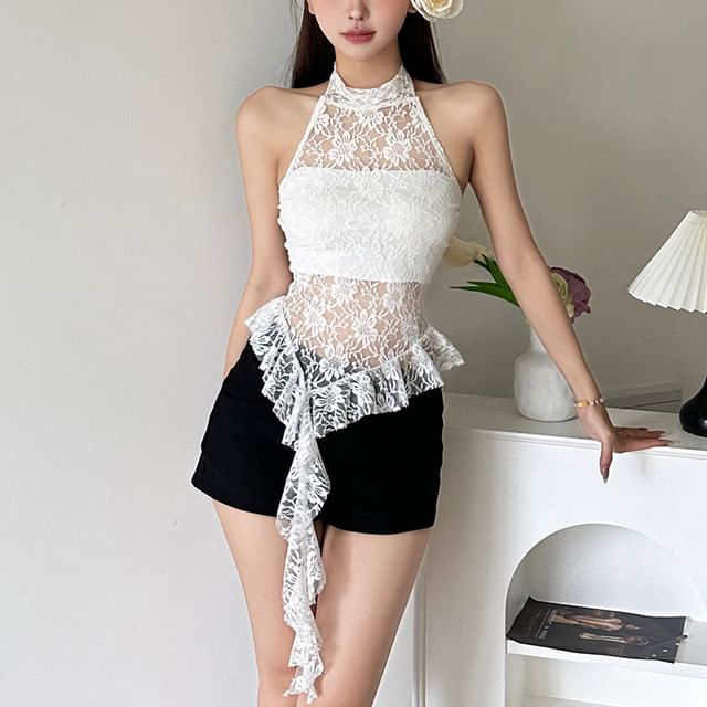 Sugarcoat-Halter Mock Neck Plain Asymmetrical Ruffle Trim Open Back Lace Crop Top