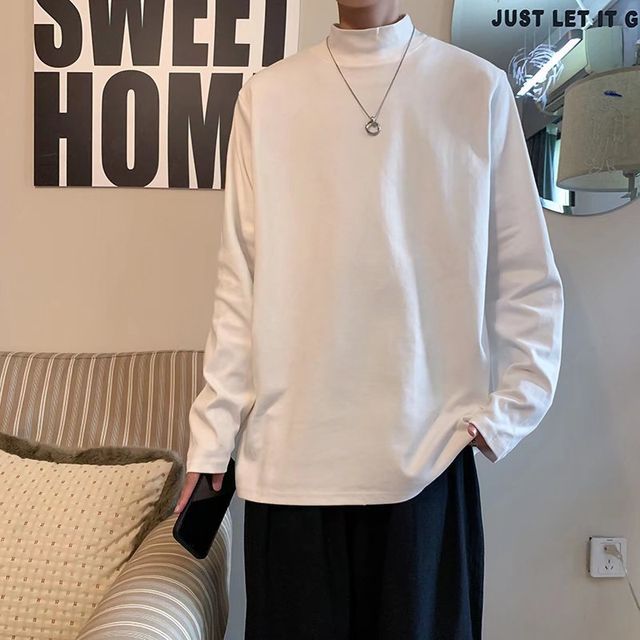 Trimecca-Long-Sleeve Mock Neck Plain T-Shirt