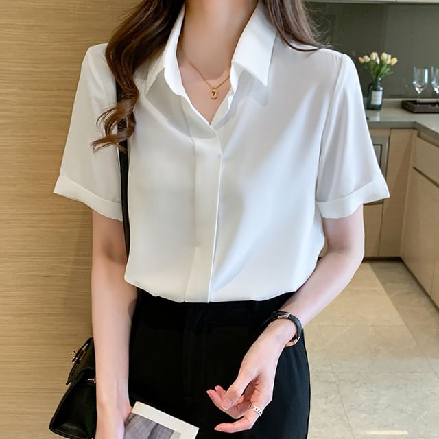 Dragan Pulse-Short-Sleeve Collared Plain Satin Blouse