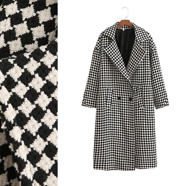 Dewewan-Double-Breasted Long Houndstooth Coat