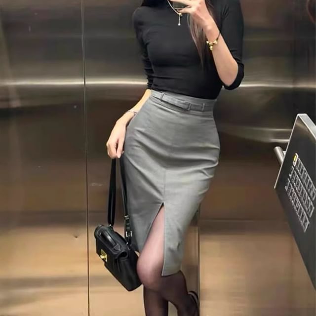 Asiris High Rise Plain Slit Midi Pencil Skirt YesStyle