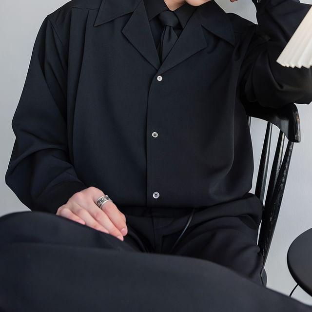 CHIC ERRO-Set Mock Two-Piece Long-Sleeve Button-Up Plain Shirt Necktie