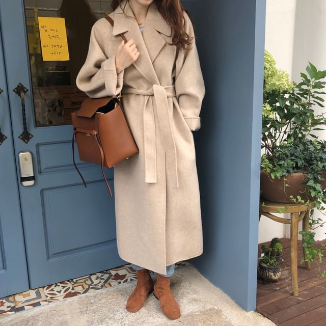Jesong-Plain Tie Waist Maxi Coat