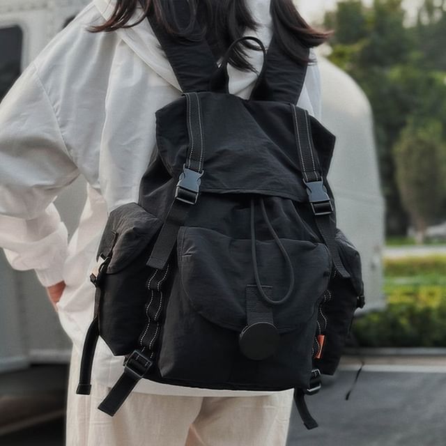EAVALURE-Plain Drawstring Buckled Nylon Flap Backpack