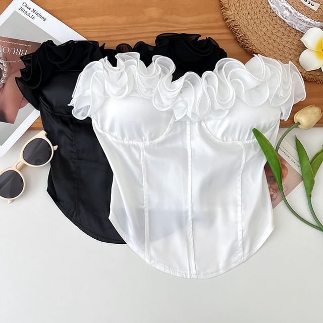 DIYI-Plain Ruffle Trim Crop Tube Top