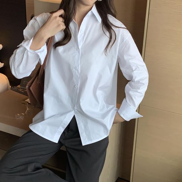 KUMI-Long Sleeve Collared Plain Button Down Oversized Shirt