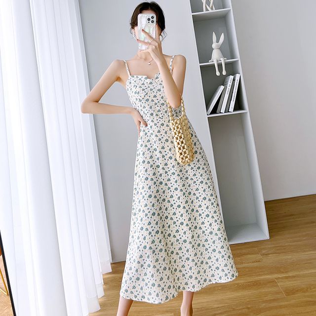 Cerauno Spaghetti Strap Floral Print Midi Dress Ribbed