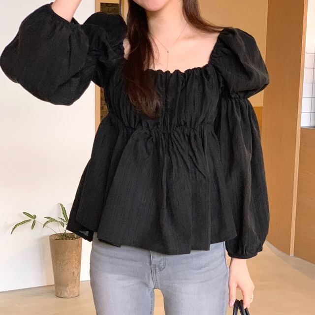 ISSOL-Long-Sleeve Square Neck Plain Peplum Blouse