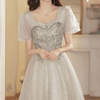 DreesHouse-Short-Sleeve Sequin A-Line Evening Gown