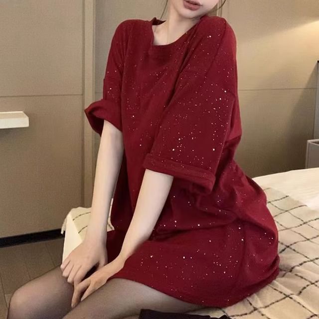 Everose - Elbow-Sleeve Crew Neck Plain Glitter Oversized T-Shirt | YesStyle