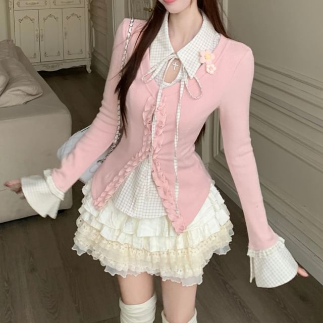 Trendycas-Mock Two-Piece Long-Sleeve Collared Patterned Frill Trim Cutout Button-Up Blouse High Rise Tier Lace Mini A-Line Skirt Plain Pleated Skirt