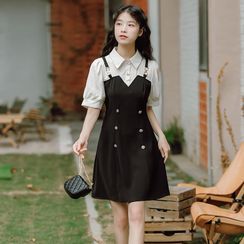 sansweet - Short-Sleeve Mock Two-Piece Mini A-Line Dress