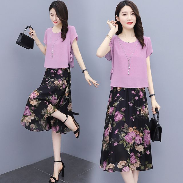 Sienne - Mock Two-Piece Short-Sleeve Floral Print Midi A-Line Dress ...