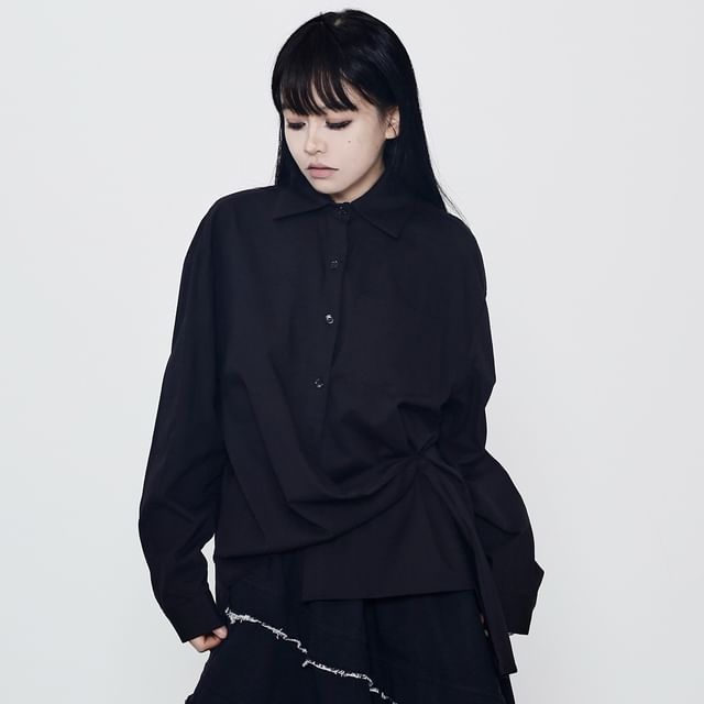 Ravenstem-Long-Sleeve Collared Asymmetrical Ruched Button-Up Plain Blouse