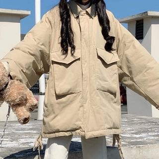 Sisyphi-Long Sleeve Collared Plain Drawstring Waist Puffer Jacket