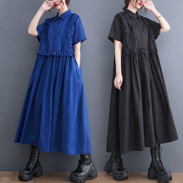 Lewwe-Short Sleeve Ruffle Panel A-Line Midi Dress