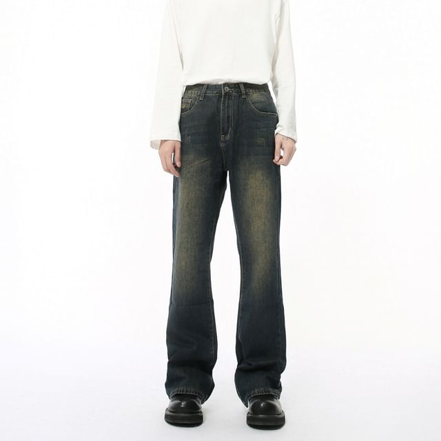 FAERIS-Mid Rise Washed Straight Leg Jeans