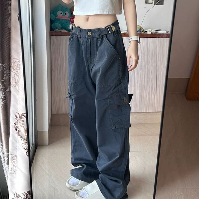 Litoya-Low Waist Plain Baggy Cargo Pants