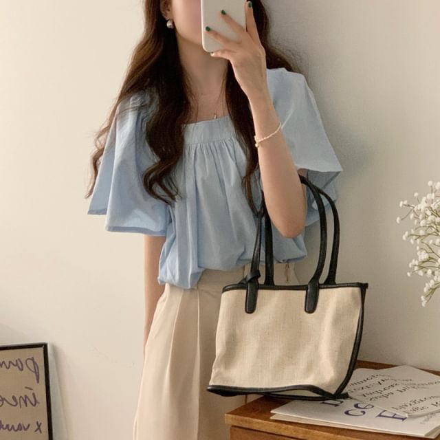ISSOL-Flutter Sleeve Square Neck Plain Gathered Blouse