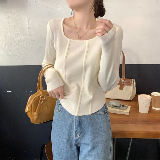 Trendycas-Long Sleeve Round Neck Plain Panel Knit Top