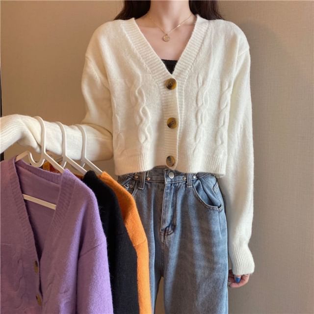 Sisyphi-V-Neck Plain Cable-Knit Cropped Cardigan