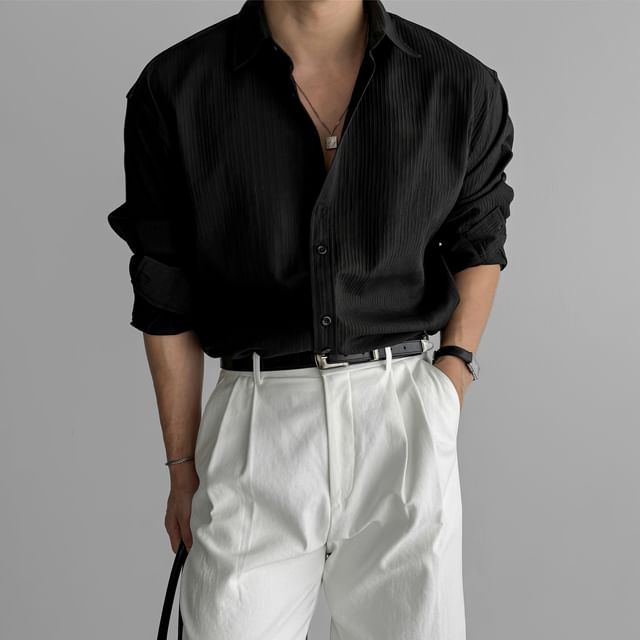 Okwano-Long Sleeve Lapel Collar Plain Button Up Shirt