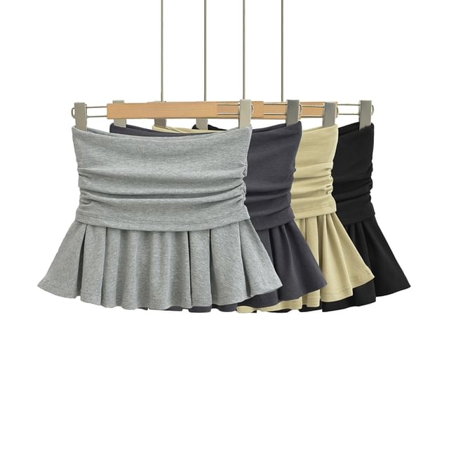 Ulark-High Waist Plain Ruched Mini A-Line Skirt