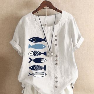Qestova Short Sleeve Scoop Neck Fish Blouse Sale