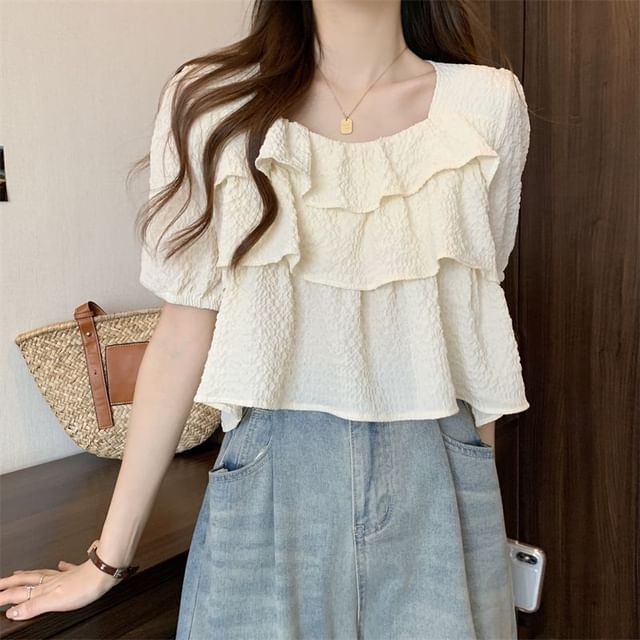 Hevnir-Puff-Sleeve Plain Ruffle Blouse