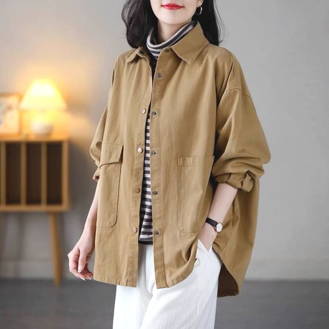 Lewwe-Long Sleeve Collared Plain Cargo Shirt