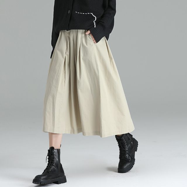 SIMPLE BLACK-High Rise Plain Midi A-Line Skirt