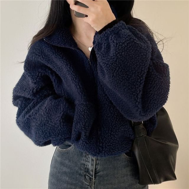 Cloud Nine-Stand Collar Plain Zip-Up Fleece Crop Jacket