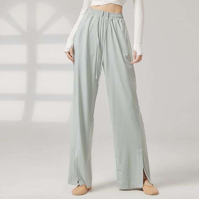 Cossita-Drawstring Waist Plain Slit Wide Leg Pants