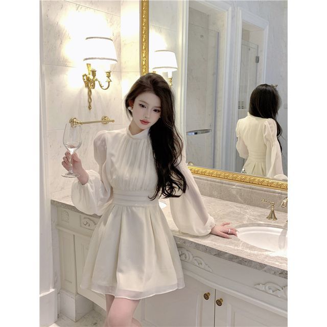 Strawolf-Long-Sleeve Stand Collar Plain Mini A-Line Dress