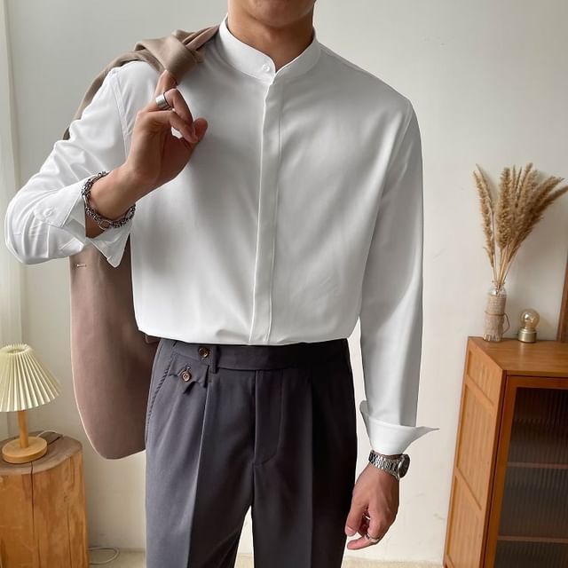 Naideth-Long-Sleeve Stand Collar Plain Button-Up Shirt