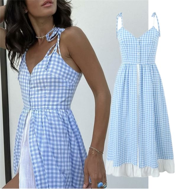 Ulark-Spaghetti Strap Plaid Maxi A-Line Dress