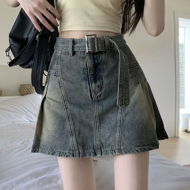 monroll-Low Rise Denim Mini A-Line Skirt