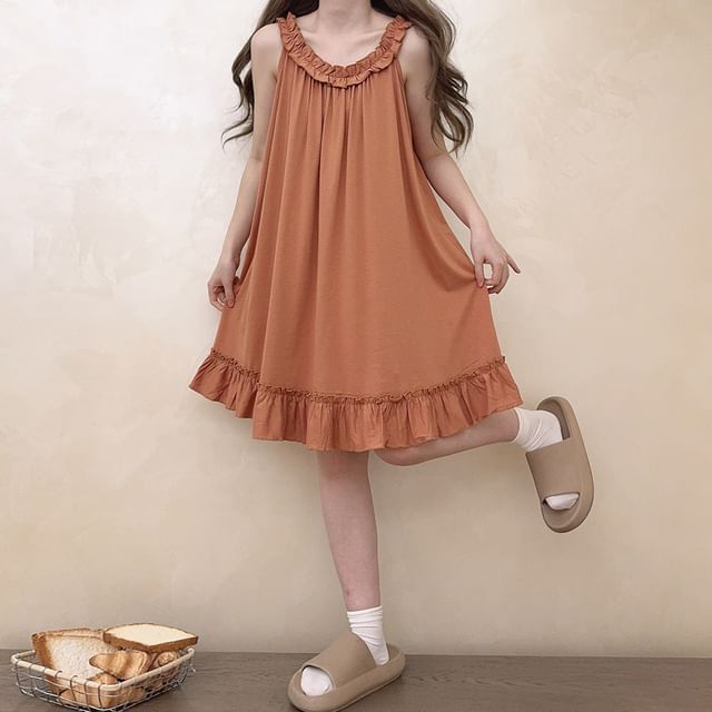 Glotto-Spaghetti Strap Plain Frill Trim Sleep Dress