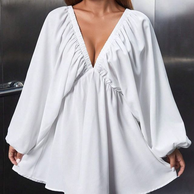 Asiris-L Lantern-Sleeve Deep V-Neck Plain Open Back Babydoll Mini A-Line Dress