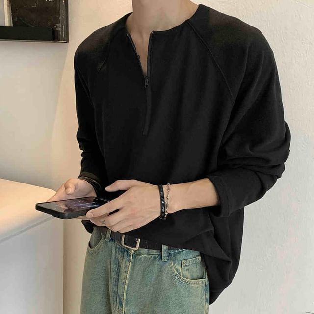 Adothuiastic-Long-Sleeve Crew Neck Plain Half-Zip T-Shirt