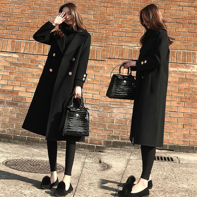 Odestra-Lapel Collar Plain Double-Breasted Long Coat