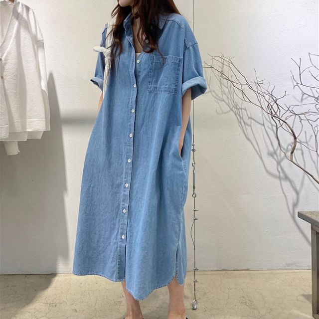 knee length dresses for ladies Soak in The Sun Denim Midi Dress L FREEMARKET Blue/White / M