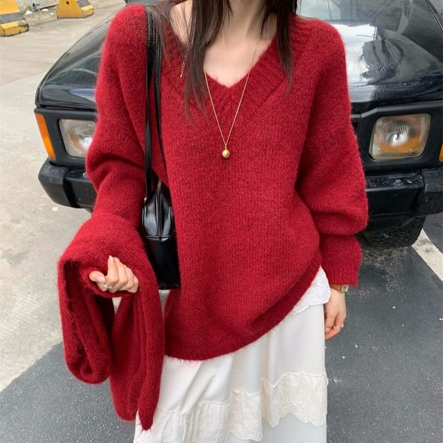 Beem-V-Neck Drop Shoulder Plain Oversized Sweater