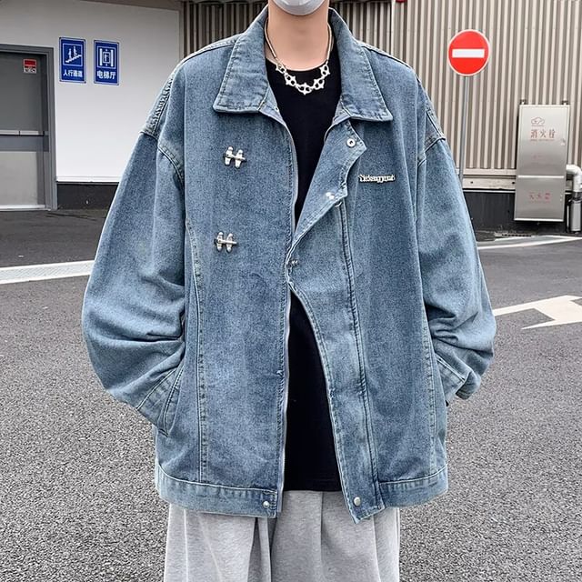 Kimeya-Collared Snap Buttoned Denim Jacket