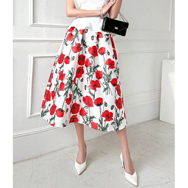 GUMZZI - Poppy Print Long Full Skirt | YesStyle
